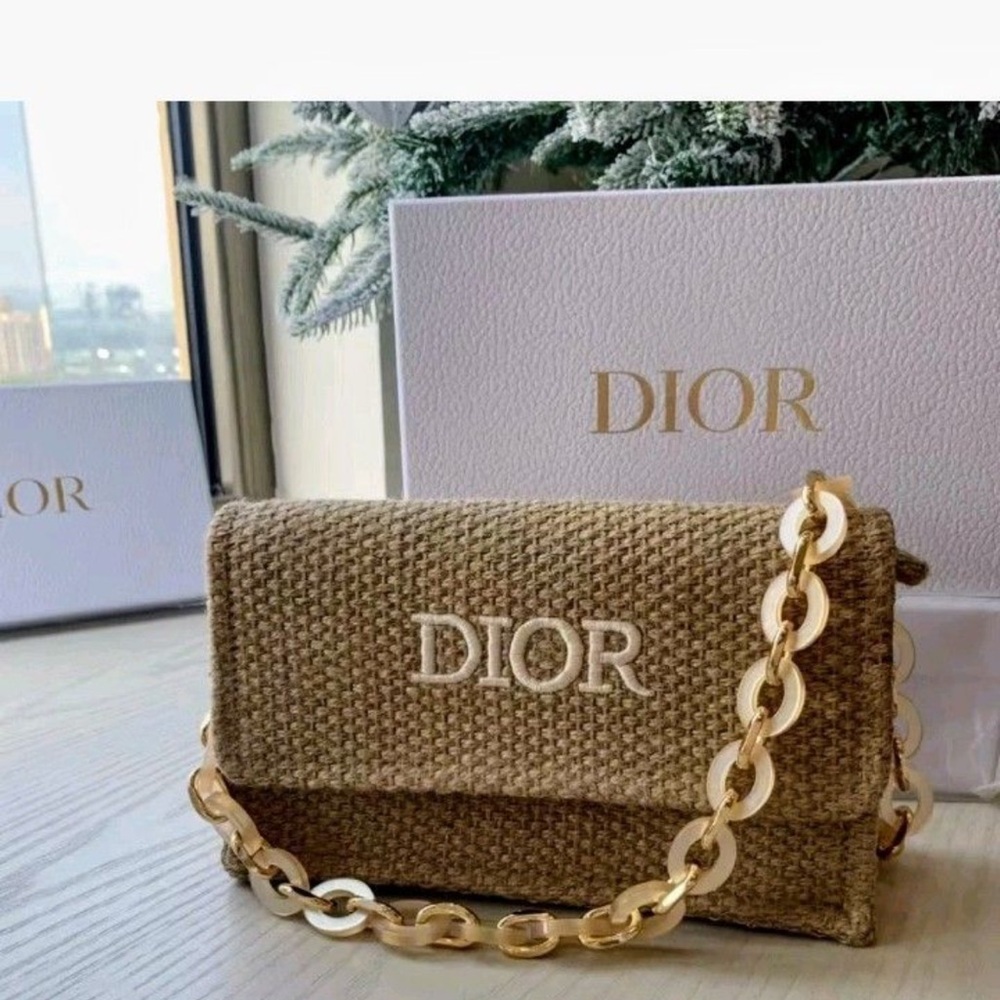Dior Beige Raffia Woven Crossbody Bag with Gold Chain!gwp beauty!